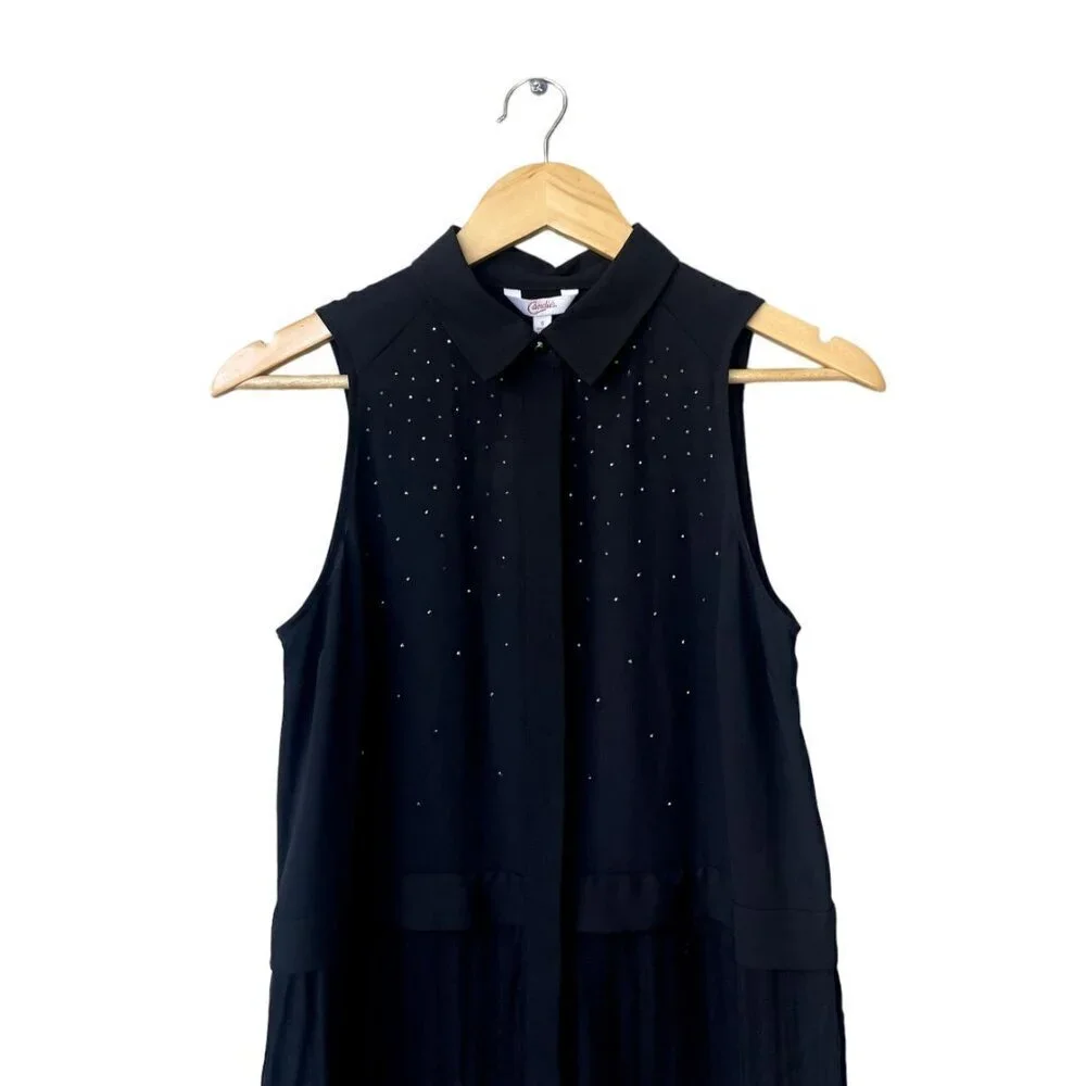 NWT Candies Sheer Sz S Black Rhinestone Sleeveless Tunic Button Front Blouse Top - Picture 2 of 8